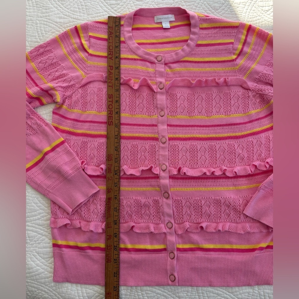 Ruffle Striped Pink and Yellow Cardigan Large Charter Club - Picture 5 of 10